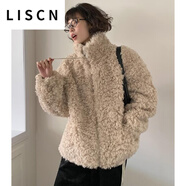 LISCN韓國chic寬松軟糯泰迪熊毛絨外套冬季保暖加厚短款立領(lǐng)羊羔毛外套 米色 均碼