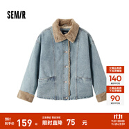 森馬（Semir）牛仔棉服女拼接毛領美式復古2024冬寬松毛邊夾克街頭潮流 牛仔淺中藍88601 2XL 175/96A