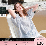 三彩2025夏季新款條紋繡花襯衣寬松流蘇系帶V領(lǐng)套頭衫女 天空藍條紋 XL 170/92A