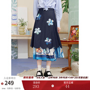 兩三事虛擲花期 2025夏季新款森女風(fēng)印花拼接雙層裙擺繡花A字半身裙 深藍色-y L