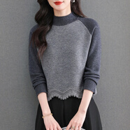 SATCHI蕾絲下擺半高領(lǐng)拼色毛衣女秋冬小個(gè)子短款洋氣內搭針織打底衫上衣 灰色 M 【90-108斤穿】