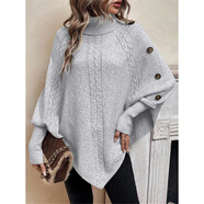 JPUZ歐美絞花女式羊·毛衣女2025時(shí)尚高領(lǐng)寬松紐扣裝飾長(cháng)袖蝙蝠針織衫 灰色 均碼