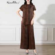 卡搭（kraallda）香云紗套裝女新款皮2025新款花羅真絲桑蠶絲闊腿褲媽媽裝兩件套女 咖色兩件套 L
