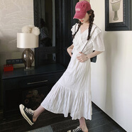 工廠(chǎng)2024夏季新款韓版法式V領(lǐng)荷葉邊初戀連衣裙女顯瘦魚(yú)尾長(cháng)裙子 白色 現貨 S 85-110斤內