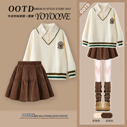 艾卡諾 I.KARNOW女童半身裙冬季紅色裙子2025秋冬新年加絨兒童短裙女大童冬裝韓版 4948米白加絨+4527咖色【衛衣套裝】 110