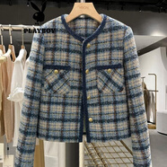 花花公子（PLAYBOY）藍色小香風(fēng)短外套女小個(gè)子2025秋冬新款英倫風(fēng)格子加厚夾棉上衣潮 格子官方旗艦版 常規 S