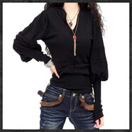 阿卡女裝秋冬新款燈籠袖羊毛衫套頭寬松毛衣針織衫爆款羊毛衫女 黑色 L