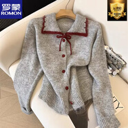 羅蒙韓系簡(jiǎn)約撞色翻領(lǐng)系帶毛衣女秋冬新款甜美溫柔風(fēng)軟糯外套女針織衫 灰色 均碼