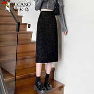 啄木鳥(niǎo)亮絲韓版高腰遮胯A字裙女春秋冬款時(shí)尚百搭后開(kāi)叉氣質(zhì)顯瘦一步裙 黑色 黑色亮絲 L 建議【105-115斤】