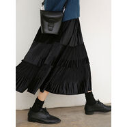 金絲絨半身裙女春秋女裝搭配氣質(zhì)中長(cháng)款高腰顯瘦a字百褶黑色長(cháng)裙 黑色 S S