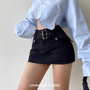 liviahome 歐美風(fēng)性感辣妹寬腰帶裙褲半身裙女修身顯瘦包臀超短褲 黑色 XS