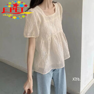 EPET新款韓版甜美風(fēng)方領(lǐng)泡泡袖短袖T恤女夏遮肉上衣法式肌理感娃娃衫 859杏色 2XL _[建議 125-140]