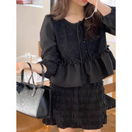 韓國chic春季甜美氣質(zhì)圓領(lǐng)蝴蝶結印花寬松拼接花邊系帶長(cháng)袖襯衫女 黑色 均碼 均碼