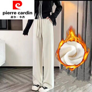 皮爾卡丹（pierre cardin）仿燈芯絨窄版闊腿褲女秋冬加絨新款垂感高腰休閑褲寬松顯瘦直筒褲 米白色【加絨】有口袋 加厚 L 【95-110斤】
