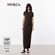 MO&Co.連衣裙春夏彈力莫代爾精裁短袖正肩捏褶收腰設計感長(cháng)裙摩安珂 深咖啡色 S 160