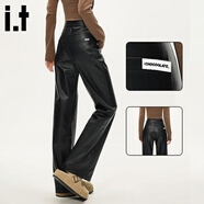 :CHOCOOLATEit啞光皮褲女士休閑褲冬季新款高腰顯瘦垂感直筒褲長(cháng)褲 黑色 XS