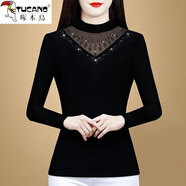 啄木鳥(niǎo)蕾絲打底衫女今年流行爆款洋氣百搭加絨上衣高級感短款修身小衫 黑色（春秋薄款）  M 100斤內