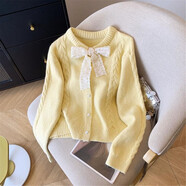 秋冬新款法式甜美毛衣蕾絲花邊蝴蝶結開(kāi)衫麻花長(cháng)袖針織衫慵懶上衣 黃色 S