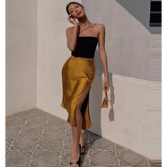 溥畔新款水波緞面垂感半身裙設計感小眾歐美性感開(kāi)叉高腰不規則中長(cháng)裙 日落金(最后一批) XS(建議82-92斤) 均碼