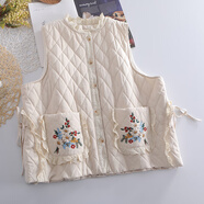 蘑菇同學棉服馬甲女秋冬甜美日系森女菱格寬松外搭坎肩口袋繡花馬夾外套潮 米色 M 建議95-115斤