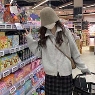 秋裝翻領(lǐng)拉鏈正肩針織開(kāi)衫毛衣秋冬慵懶風(fēng)小個(gè)子上衣加厚女士外套 灰色 均碼 （版型偏小適合80-110斤）