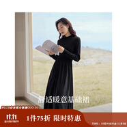 茵曼法式燈芯絨連衣裙秋冬女裝高領長袖A擺針織中長裙子 午夜黑 L 