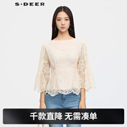 S.DEER圣迪奧女裝25新品復古圓領(lǐng)鏤空繡花喇叭袖上衣S253Z3205 米白/48 S