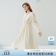范思藍恩23FS13207法式復古燈籠袖綁帶收腰連衣裙春秋新款氣質(zhì)女裙 杏色 XS