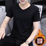 南極人V領(lǐng)套頭加絨加厚短袖男士T恤修身保暖半袖打底衫體恤上衣男裝潮I JR02加絨黑色 M L 建議165-170c115-130斤