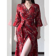 紅色戰袍碎花洋裝女氣質(zhì)女神范長(cháng)裙性感V領(lǐng)收腰開(kāi)叉后媽裙 紅色戰袍 S S