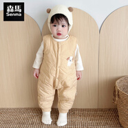 森馬兒童男女寶寶背帶褲秋冬嬰兒夾棉保暖褲子小月齡加厚連體衣棉褲外穿 咖啡小狗卡其 90cm