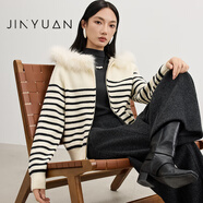 金苑（JINYUAN）連帽拉鏈毛衣2025年冬新款條紋撞色外套休閑毛毛保暖H255143 杏色 均碼