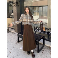 丹珠娜（DanZhuNa）小香風(fēng)連衣裙秋冬2026新款冬季復古格子加加厚短外套長(cháng)裙子女套裝 咖色半身裙 S