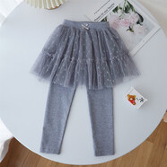 克寧克春秋款兒童褲裙點(diǎn)點(diǎn)網(wǎng)紗裙女童打底褲甜美蝴蝶結荷葉邊長(cháng)褲純棉 灰色 100 cm