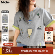 MsShe【原創(chuàng  )印花刺繡雙色短袖T恤】大碼女裝2025夏裝胖mm顯瘦上衣 A款-花灰色現貨 XL