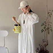 韓國chic早秋復古宮廷風(fēng)立領(lǐng)重工蕾絲鉤花寬松休閑長(cháng)袖純色連衣裙 白色 均碼 均碼