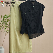 啄木鳥(niǎo)（TUCANO）新中式國風(fēng)一整套2025夏季新款盤(pán)扣上衣女搭配寬松版休閑褲兩件套 黑色上衣+綠色半身裙 兩件套 L 【建議100-120斤】