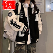 CTOX美式拼接字母刺繡棒球服春秋新款學(xué)院風(fēng)初高中學(xué)生休閑夾克外套女 黑色 S 【建議100斤內】