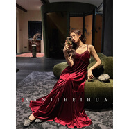 三吉黑花【曲水眠】2025定位刺繡41梭錦絨巨好看的冬裝連衣裙長(cháng)款 酒紅 M