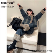 MOKITOUL國際一線(xiàn)品牌冬季寬松時(shí)尚休閑外套長(cháng)褲兩件套毛毛拼接加厚牛仔套 外套+褲子 S