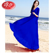 浪莎2025春夏新款長(cháng)袖雪紡過(guò)膝大擺連衣裙大紅色波西米亞沙灘度假長(cháng)裙 藍色 L (113-125斤)
