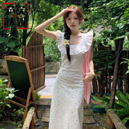芭芙達妮法式碎花波點(diǎn)飛飛袖方領(lǐng)吊帶連衣裙女2025夏季新款氣質(zhì)收腰長(cháng)裙 溫柔風(fēng)白色波點(diǎn)連衣裙 M