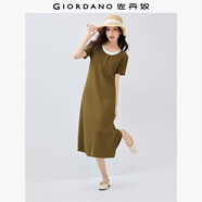 佐丹奴過(guò)膝裙子女彈力坑條假兩件撞色減齡圓領(lǐng)短袖連衣裙05465499