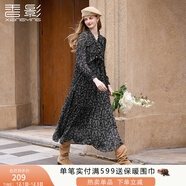 香影黑色碎花連衣裙女2025秋季新款長(cháng)裙法式優(yōu)雅雪紡v領(lǐng)長(cháng)袖裙子 黑色 M 160/84A/95-110斤