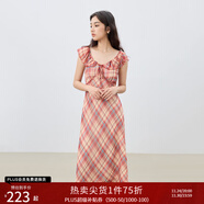 自巧小個(gè)子紅色雪紡格紋連衣裙女2025夏裝新款掐腰裙度假風(fēng)長(cháng)裙子 紅白格 S （尺碼：3）