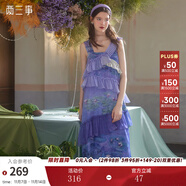兩三事度假超仙的裙子女夏季紫色油畫(huà)藝術(shù)吊帶海邊連衣裙云霧睡蓮 紫色 M