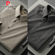 皮爾卡丹（pierre cardin）感厚款毛呢針織襯衫男長(cháng)袖秋冬休閑修身男士襯衣 卡其色+灰色 2件裝 4XL (建議176-190斤)