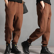 夏典素訂女王（SE.PSTP）加絨衛褲女冬季新款大碼拼接寬松休閑跨褲純棉保暖加厚束腳哈倫褲 咖啡色 M