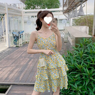 小雛菊吊帶裙夏韓版氣質(zhì)淑女風(fēng)印花蛋糕裙內搭打底雪紡碎花連衣裙 黃花色 S 80-90斤