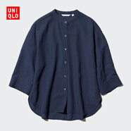 優(yōu)衣庫女裝麻混紡立領(lǐng)襯衫7分袖襯衣上衣空調衫薄外套475653 69 藏青色 XL /165/92A